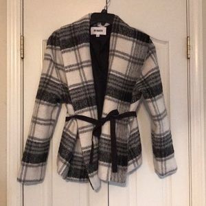 Black and white plaid polyester wool blend coat